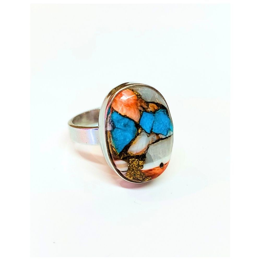 Bague ovale Névada Copper Turquoise et Argent 925 sur fond blanc - Protection - Byartmexbijoux