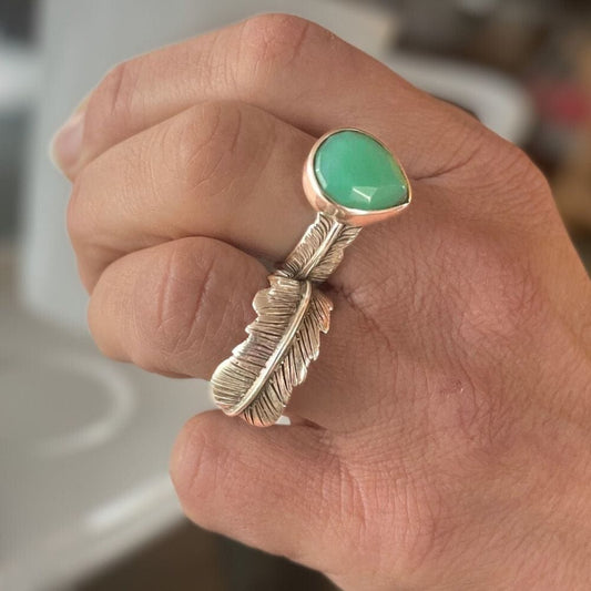 Bague Plume en Chrysoprase et Argent 925 - Bijou amérindien - Selena