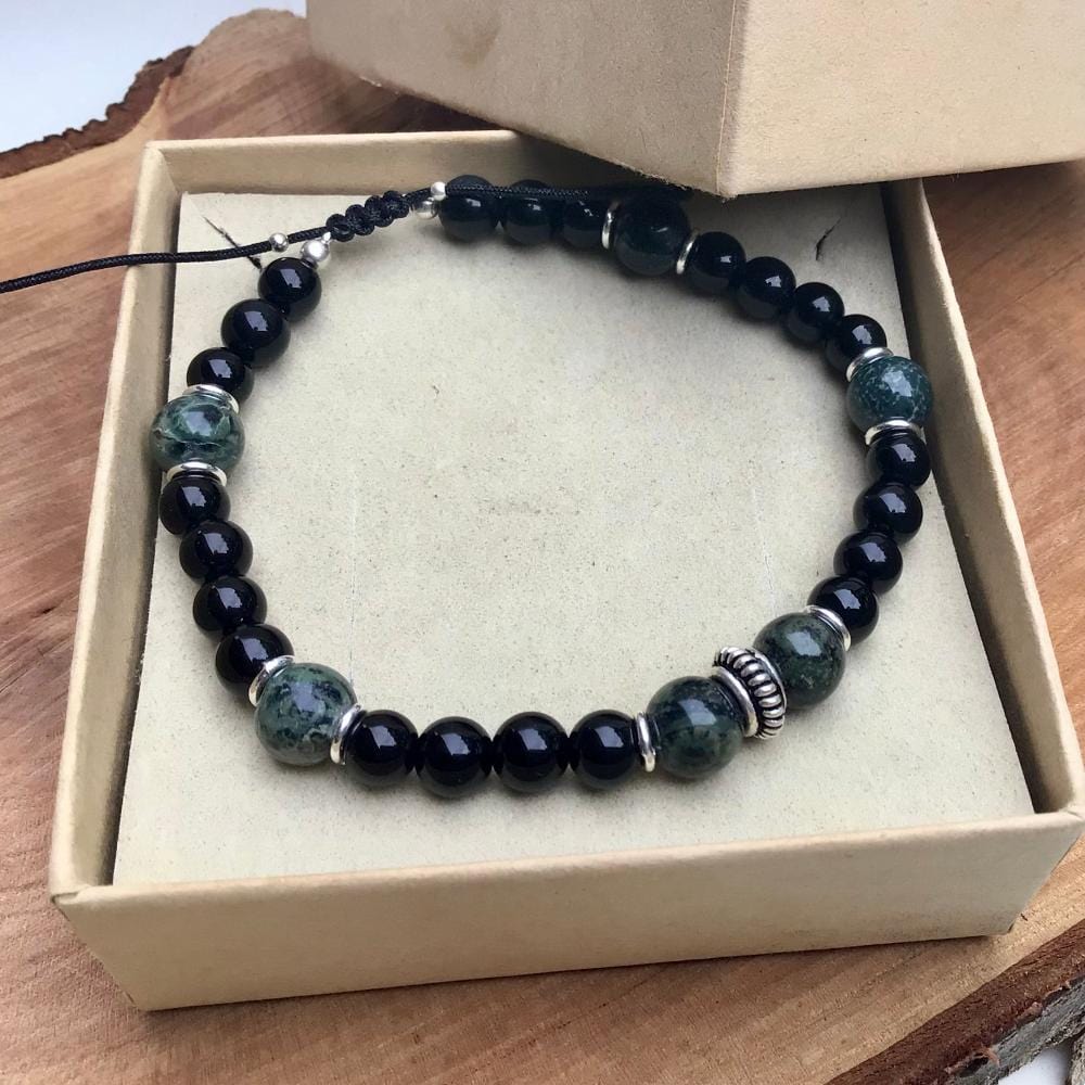 Bracelet homme en Kambaba, Onyx et Argent 925 sur cordon résistant – Protection, calme et ancrage - Byartmexbijoux -