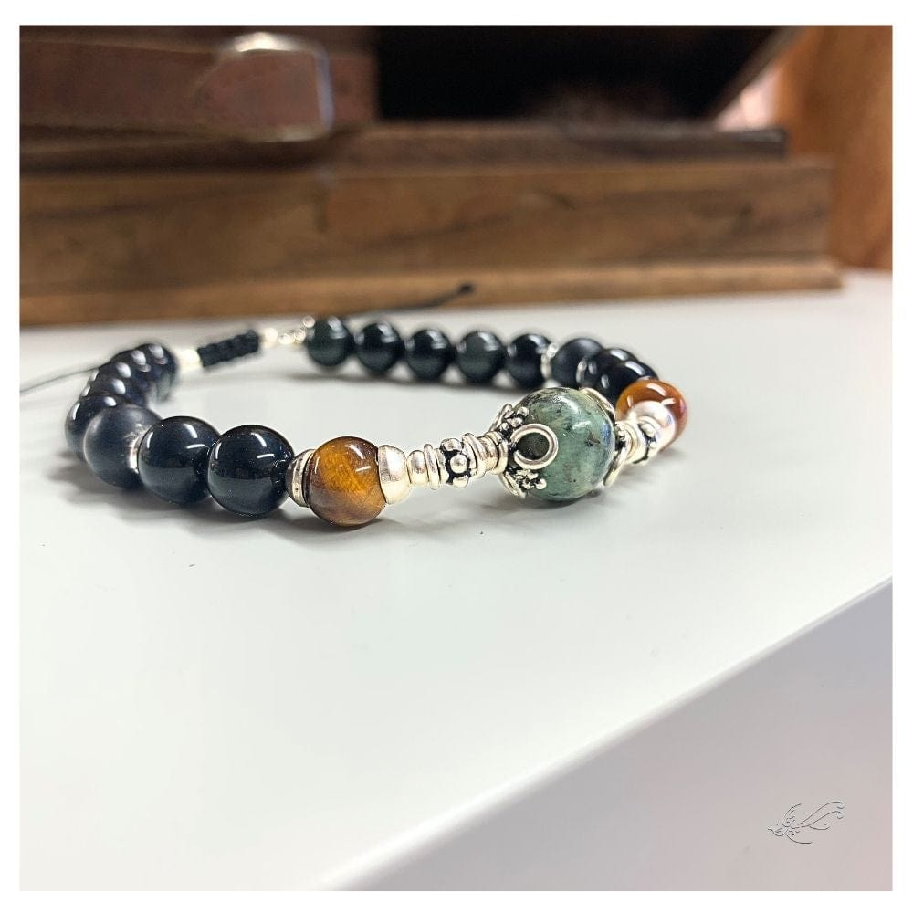 Bracelet Homme Œil de Tigre, Turquoise Africaine, Onyx & Argent 925