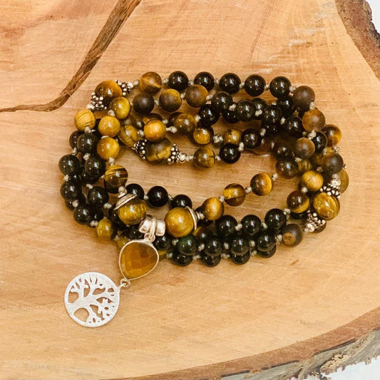 Mala Elior Œil de Tigre, Obsidienne et Onyx - Méditation et Protection