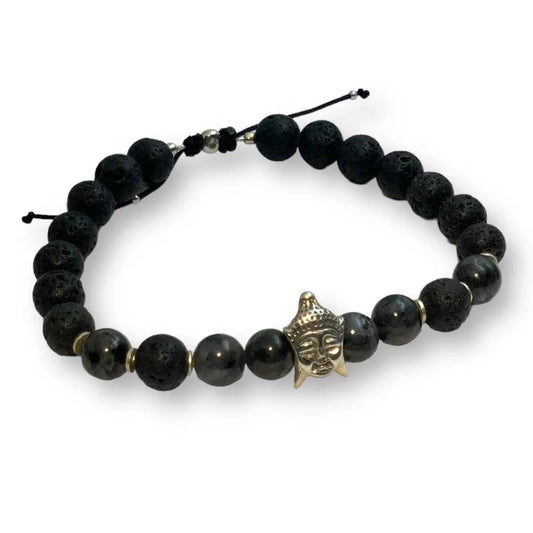 Bracelet Homme Bouddha, Pierre de Lave, Larvikite