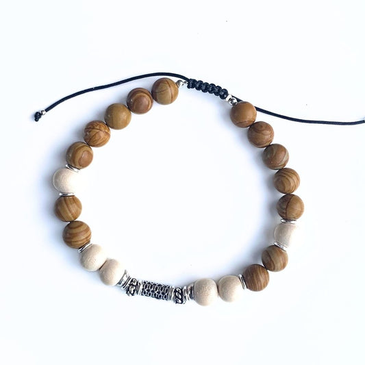 Bracelet Homme Jaspe brun, bois clair 8 mm & argent 925 sur cordon noir résistant sur fond blanc - Elégance enracinée - Byartmexbijoux 