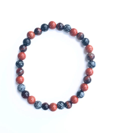 Bracelet Homme Jaspe Rouge , Obsidienne neige & Oeil de Taureau 6 mm sur fond blanc - Force - Byartmexbijoux