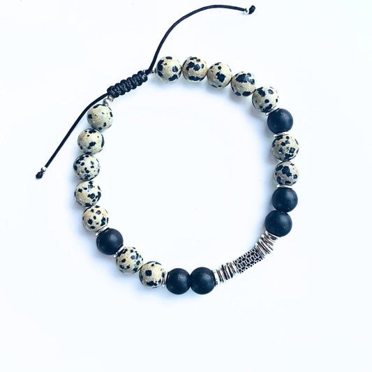 Bracelet Homme Jaspe Dalmatien, Onyx Mat 8 mm & Argent 925 sur fond blanc - Stabilité - byartmexbijoux