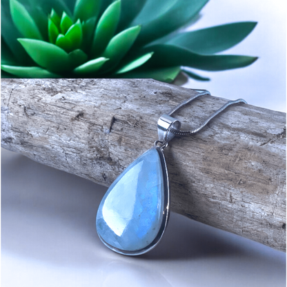 Pendentif pierre de lune posé sur bois flotté entouré de succulents