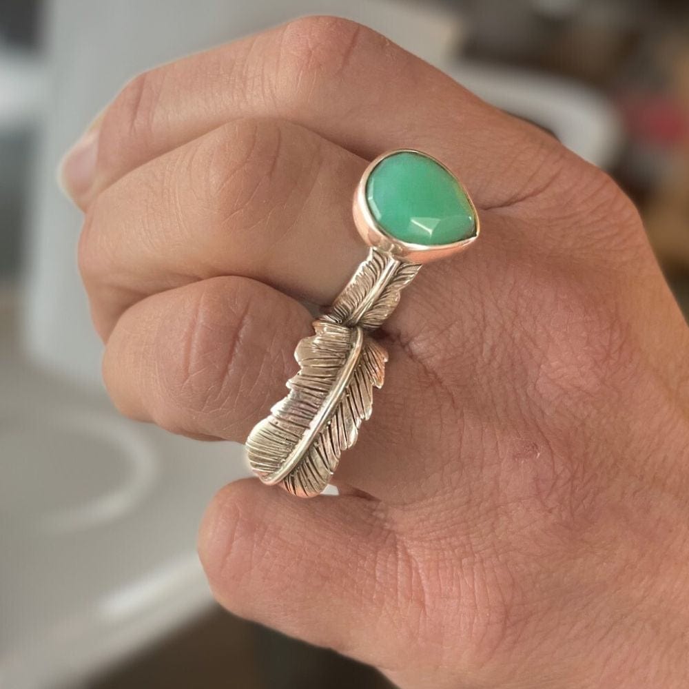 Bague Plume en Chrysoprase et Argent 925 - Bijou amérindien - Selena