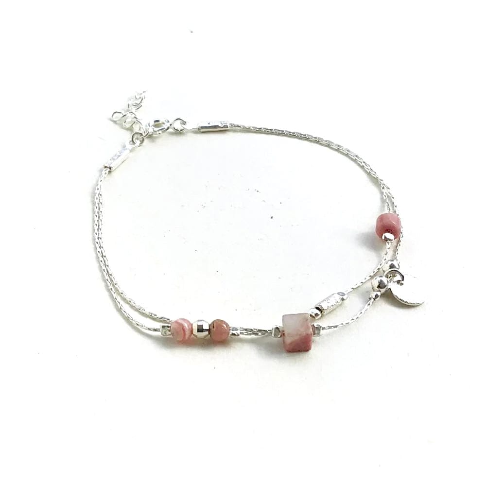 Bracelet artisanal double chaîne en argent, rhodochrosite et quartz rose | Bijoux de créateur