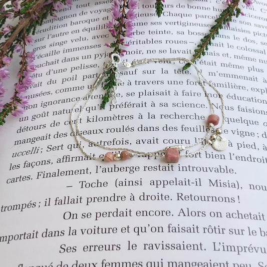 Bracelet artisanal double chaîne en argent, rhodochrosite et quartz rose | Bijoux de créateur