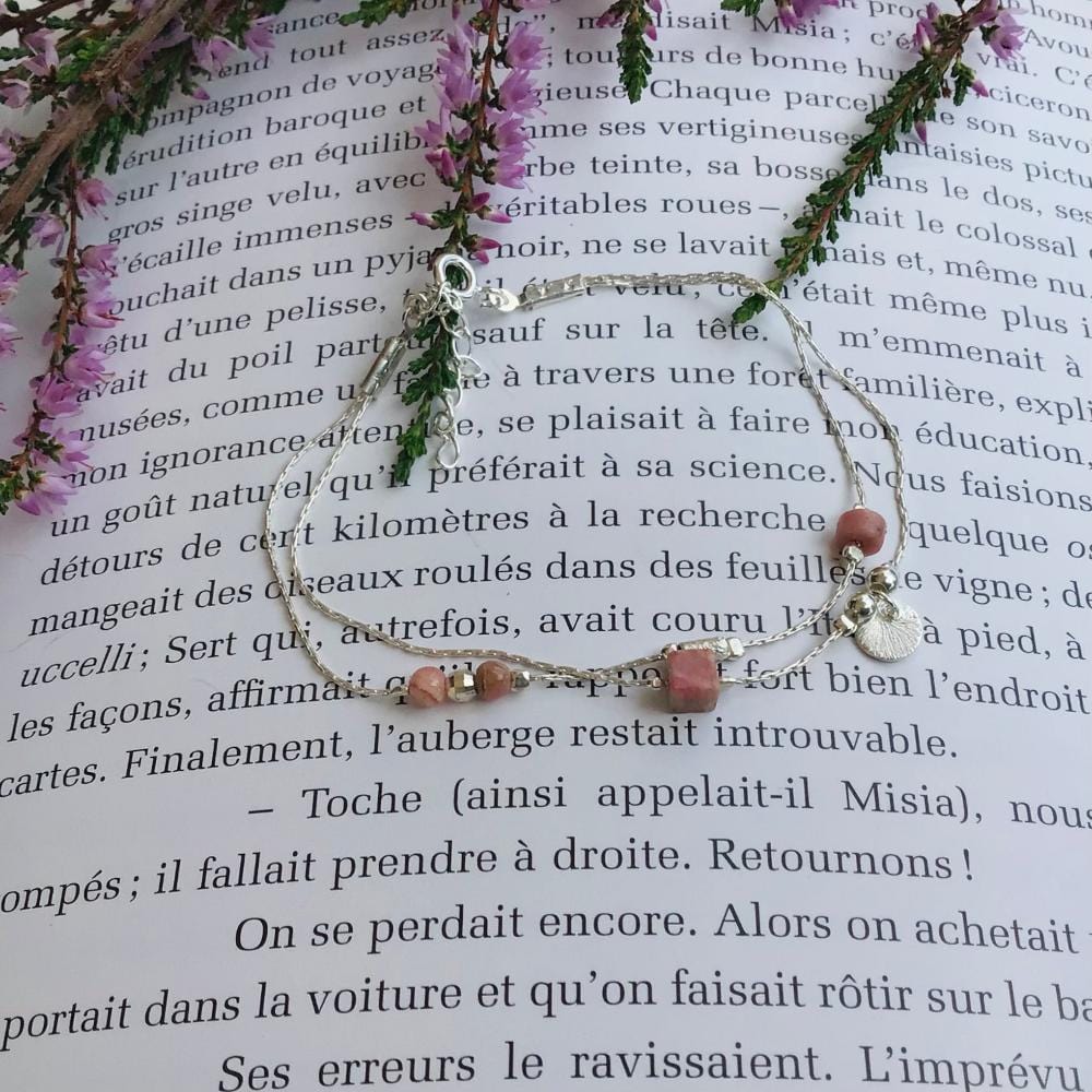Bracelet artisanal double chaîne en argent, rhodochrosite et quartz rose | Bijoux de créateur