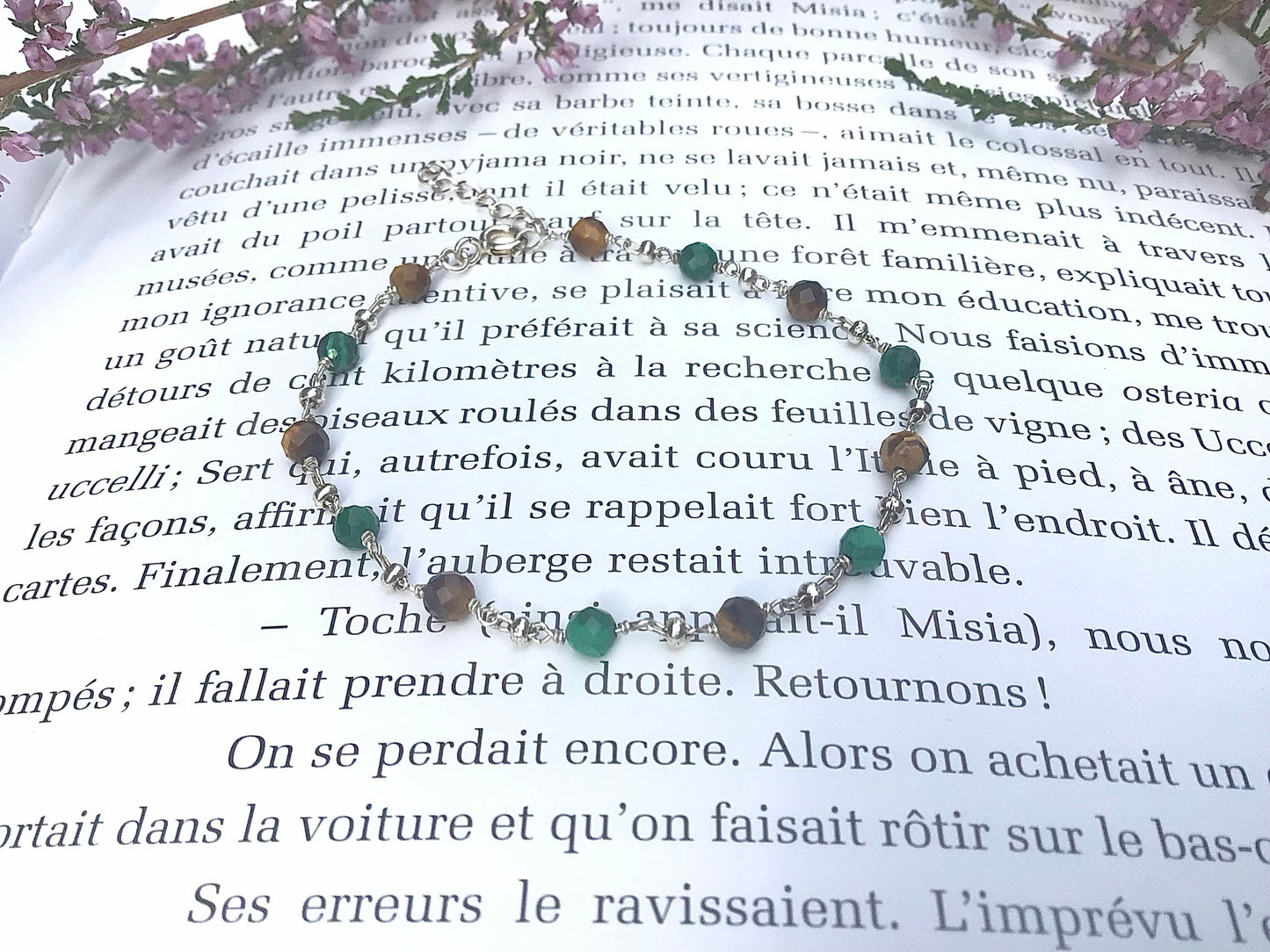 Bracelet en Argent 925, Malachite et Oeil de tigre