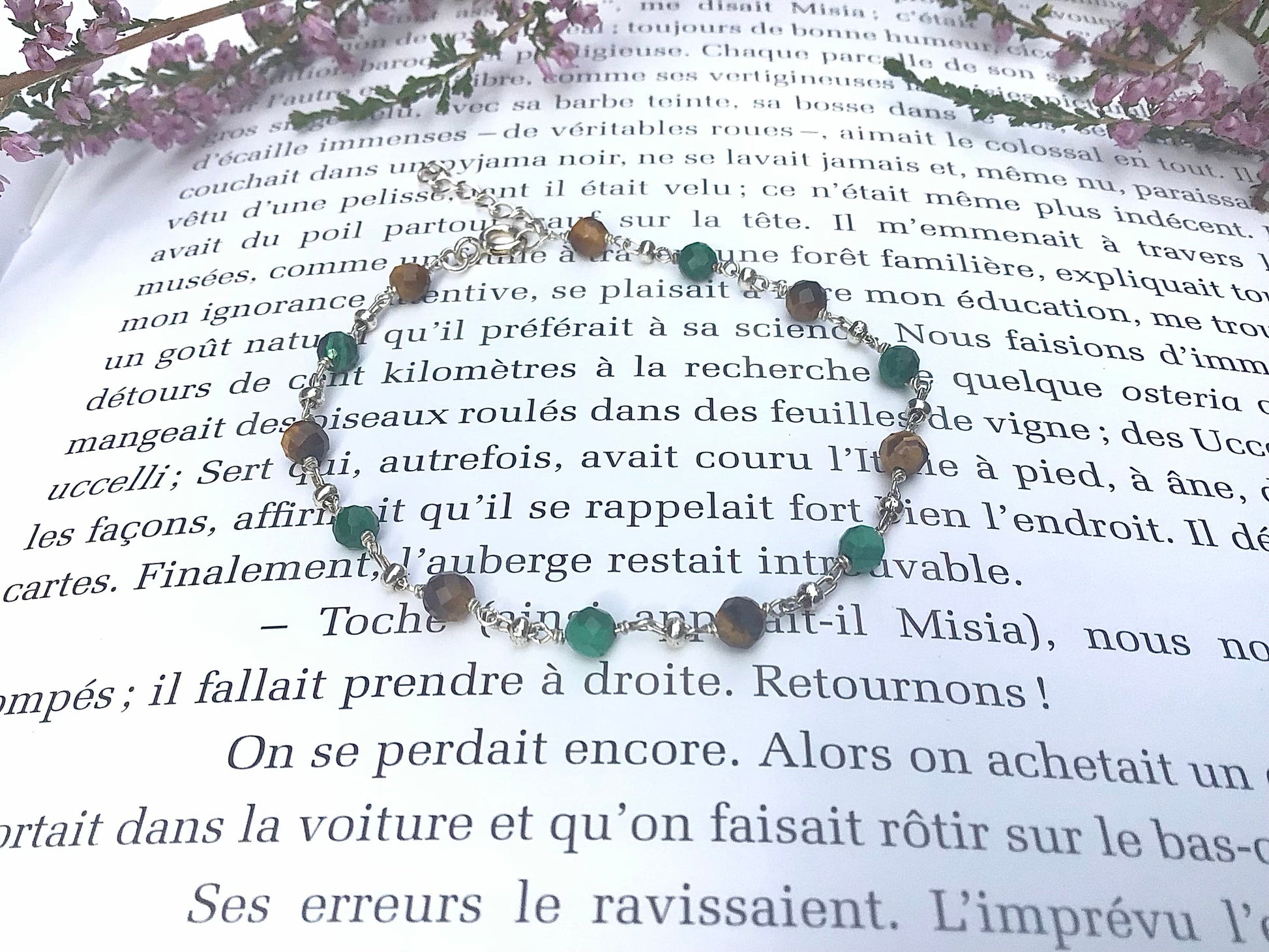 Bracelet en Argent 925, Malachite et Oeil de tigre