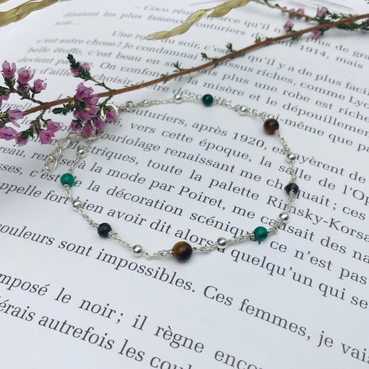 Bracelet en Argent 925, Obsidienne, Oeil de Tigre et Malachite - Bracelet artisanal