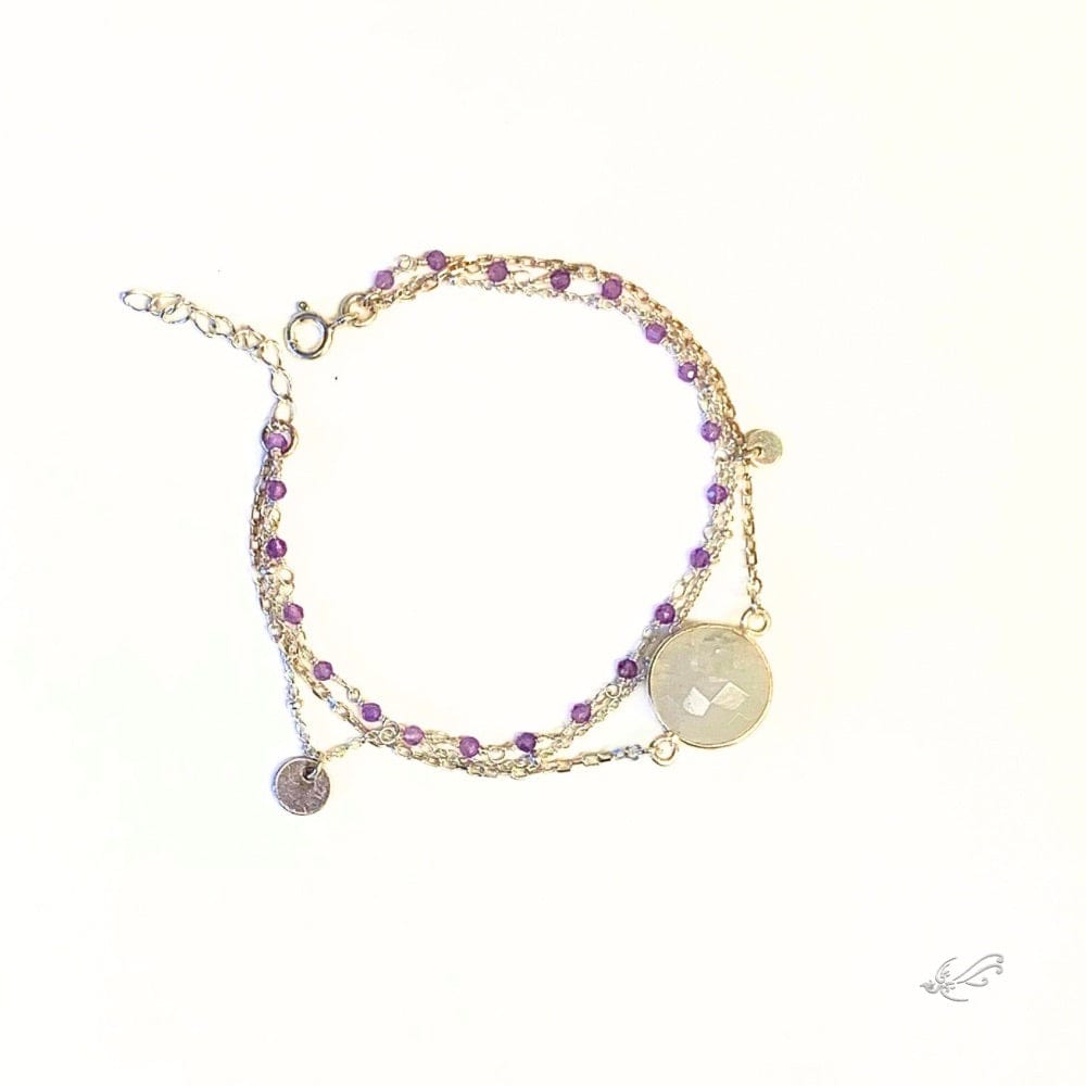 Bracelet en Pierre de Lune Naturelle & Argent 925 / rosaire améthyste sur fond blanc - Luna - Intuition- Byartmexbijoux