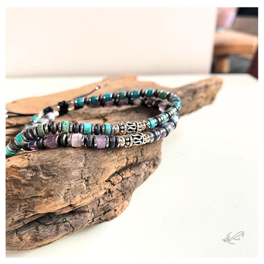 Bracelet Homme Améthyste & Turquoise Africaine – Hématite & Argent 925