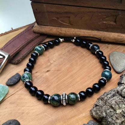 Bracelet homme en Kambaba, Onyx et Argent 925 sur cordon résistant – Protection, calme et ancrage - Byartmexbijoux -