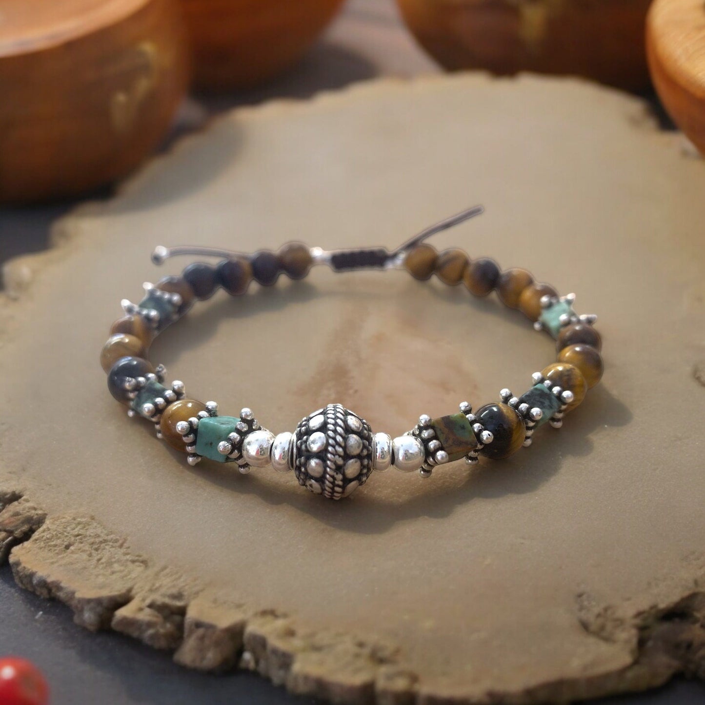 Bracelet homme en Turquoise Africaine, Œil de Tigre et Argent 925 – Équilibre, protection et force naturelle - Byartmexbijoux -