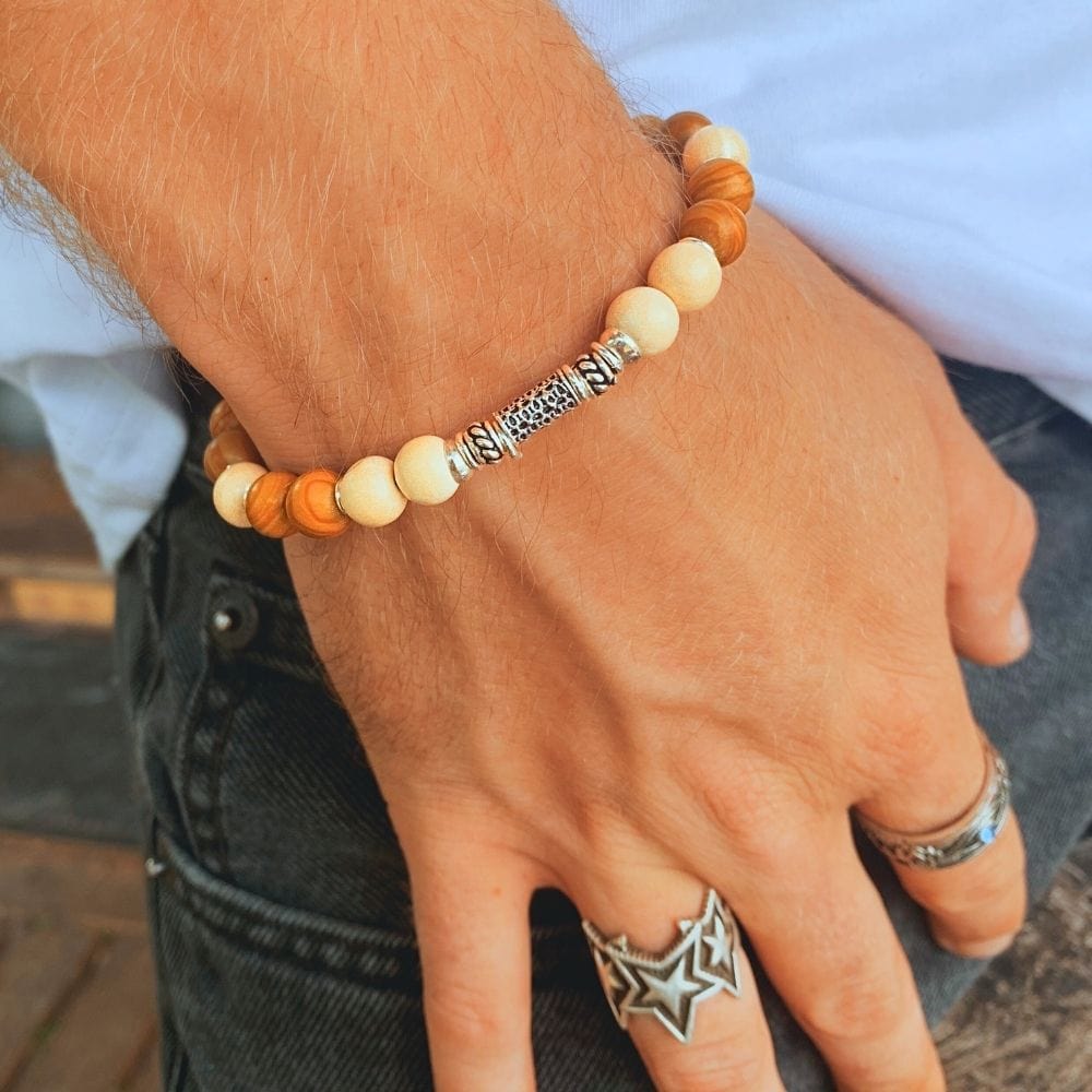 Bracelet Homme Jaspe brun, Bois Clair & Argent 925 - Ancrage -