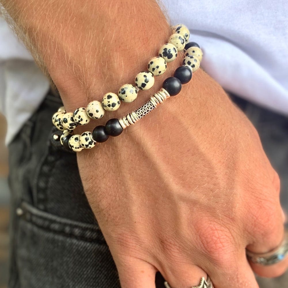 Bracelet Homme Jaspe Dalmatien, Onyx Mat & Argent 925 - Stabilité -