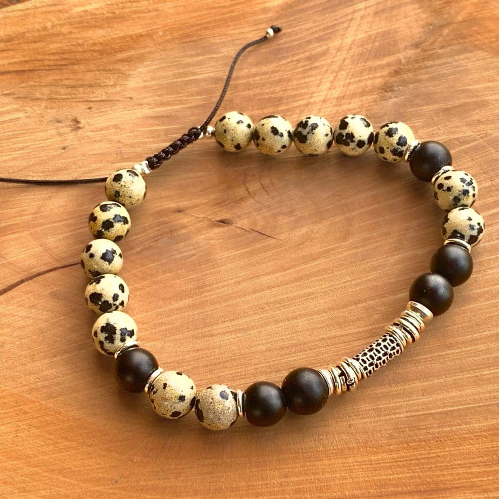 Bracelet Homme Jaspe Dalmatien, Onyx Mat & Argent 925 - Stabilité -