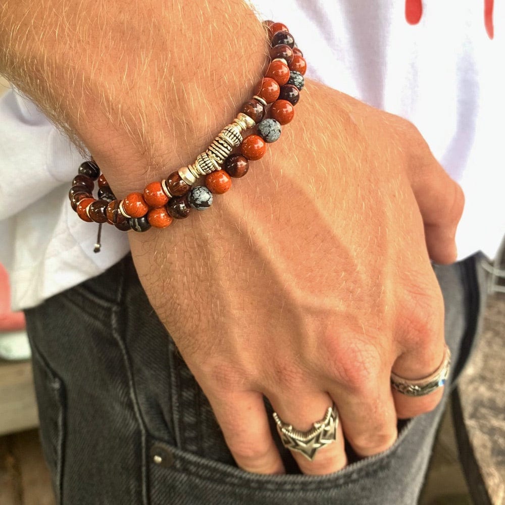 Bracelet homme œil de taureau, jaspe rouge & obsidienne – Énergie & équilibre