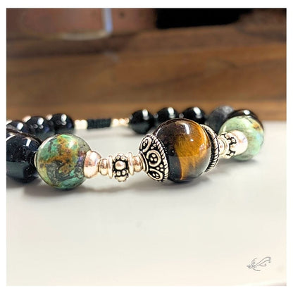Bracelet Homme Œil de Tigre, Turquoise Africaine, Onyx & Argent 925 