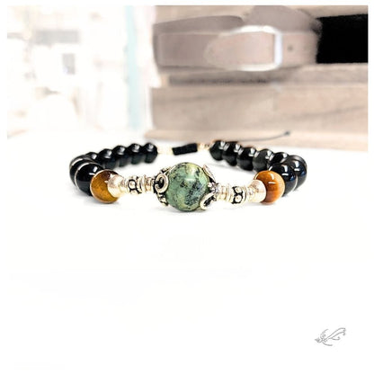 Bracelet Homme Œil de Tigre, Turquoise Africaine, Onyx & Argent 925 