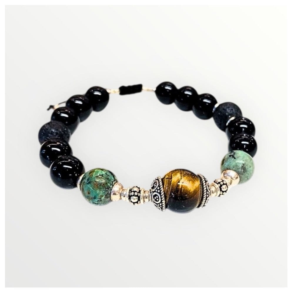 Bracelet Homme Œil de Tigre, Turquoise Africaine, Onyx & Argent 925 