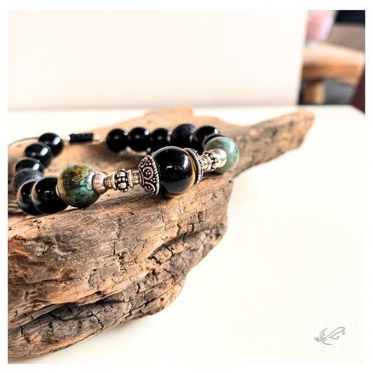 Bracelet Homme Œil de Tigre, Turquoise Africaine, Onyx & Argent 925 – Force et Harmonie