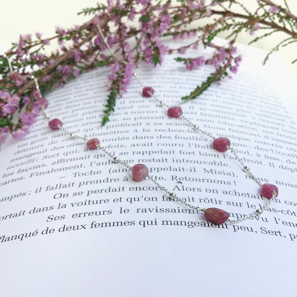 Collier en Chaîne en argent 925 et Tourmaline rose, pierres roulées irrégulières - Byartmexbijoux