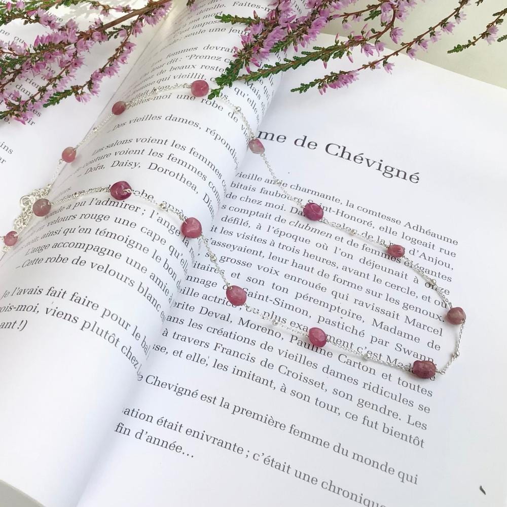 Collier en Chaîne en argent 925 et Tourmaline rose, pierres roulées irrégulières - Byartmexbijoux