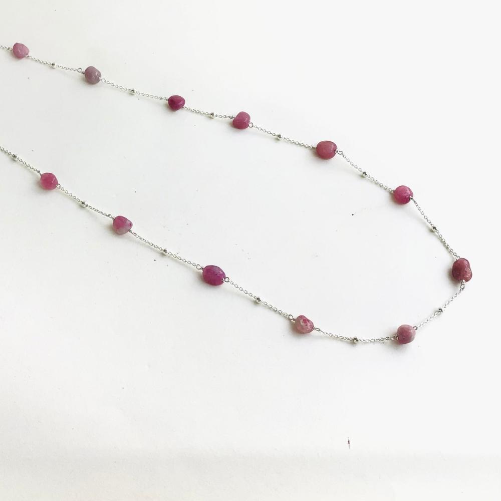 Collier en Chaîne en argent 925 et Tourmaline rose, pierres roulées irrégulières - Byartmexbijoux