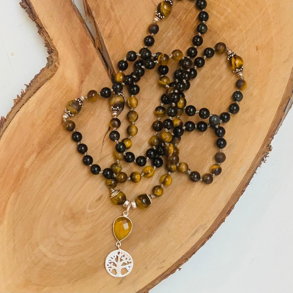 Mala Elior Œil de Tigre, Obsidienne et Onyx - Méditation et Protection