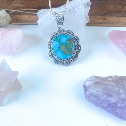 Pendentif en Turquoise du Népal et Argent 925 - Azura - Protection -